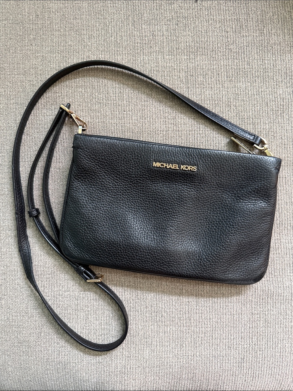 Michael Kors Black Pebbled Leather Crossbody with Gold Logo